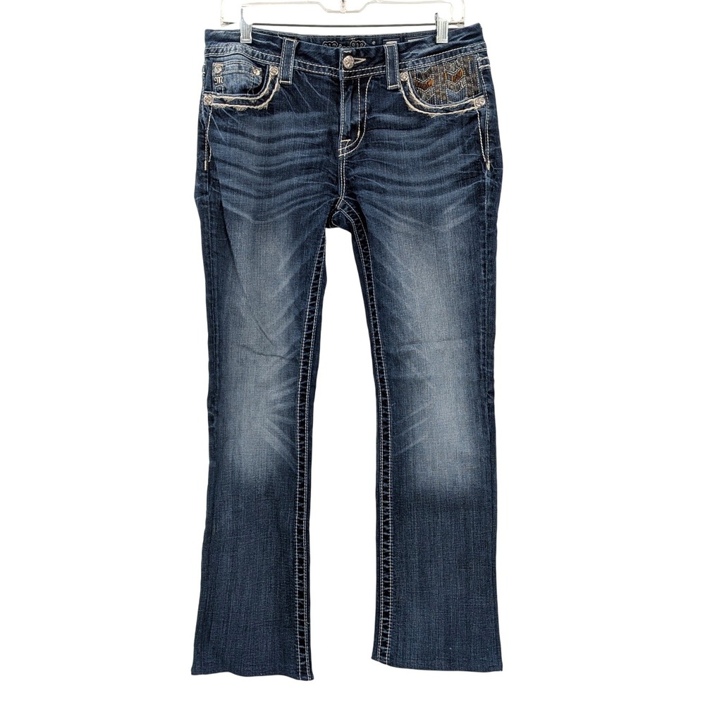 Miss Me Mid-Rise Bootcut Jeans 30x28 Dark‎ Wash Embellished Flap Pocket Western